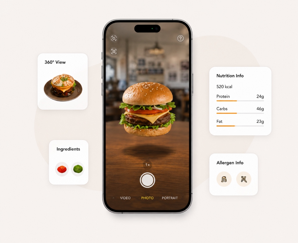 LivelyMenu AR phone interface with levitating burger and floating info cards